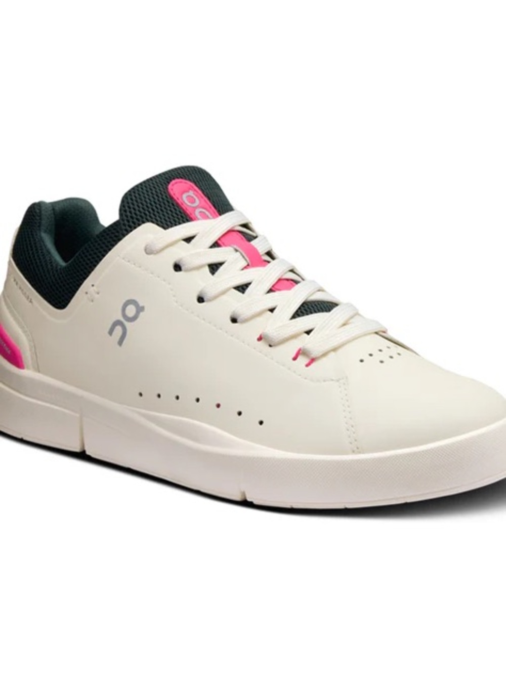 On Running White Sneakers with Pink Details and Black Collar. The Roger!